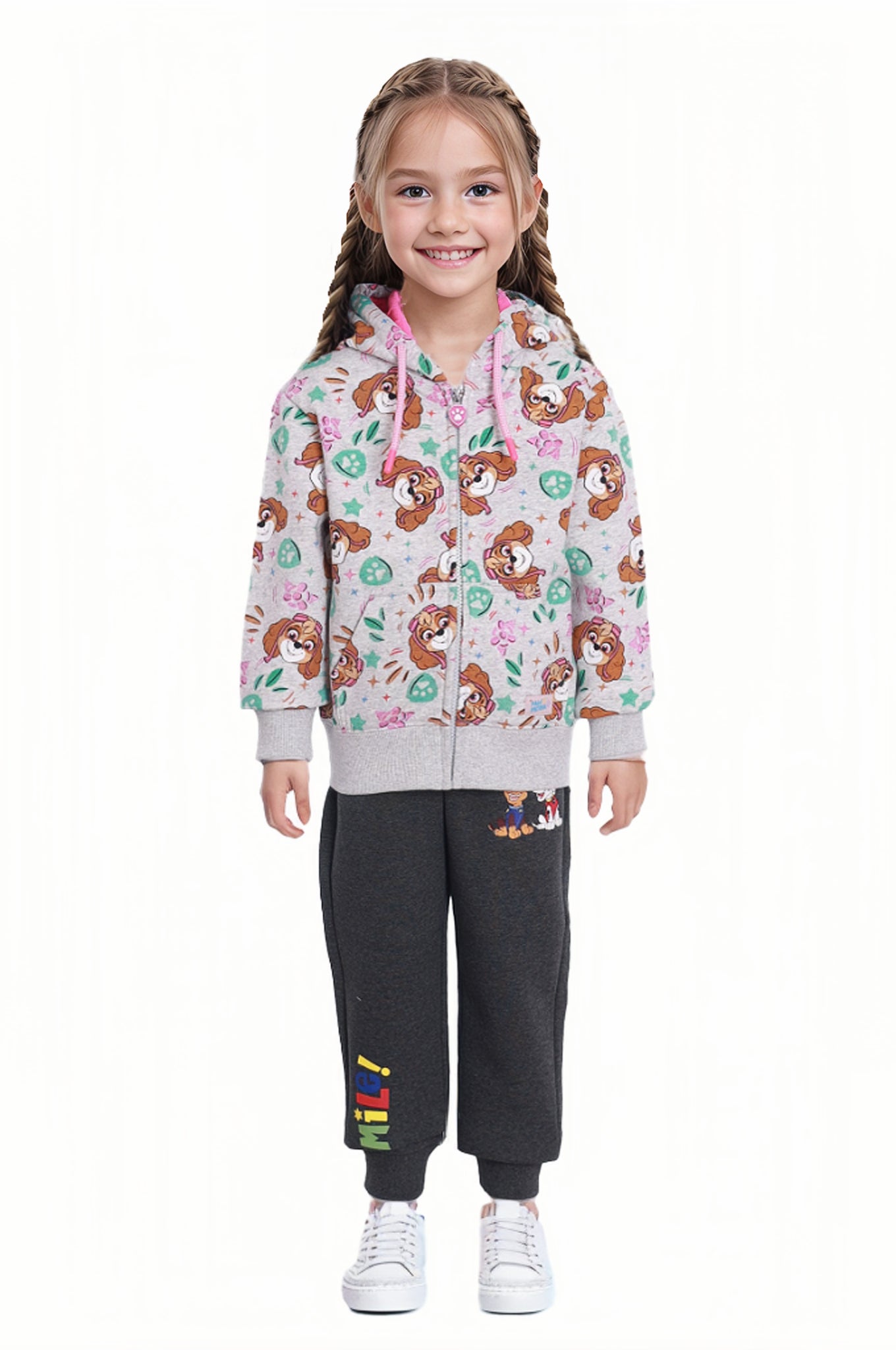 Polerón gris de Paw Patrol con estampado colorido de Skye, flores y estrellas, ideal para aventuras en Adventure Bay.