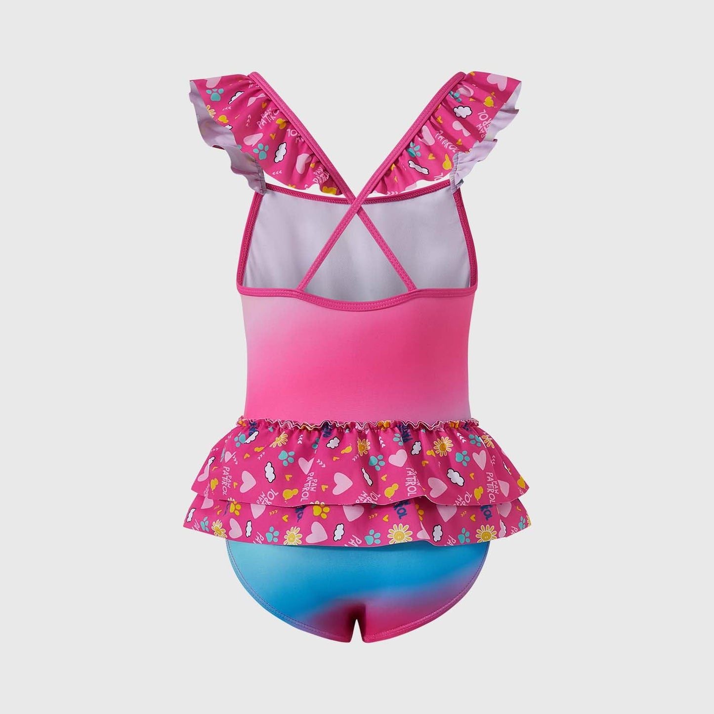 Traje de baño fucsia con volantes, presenta a Skye de Paw Patrol sonriendo y jugando, decorado con corazones y flores en un estilo vibrante.