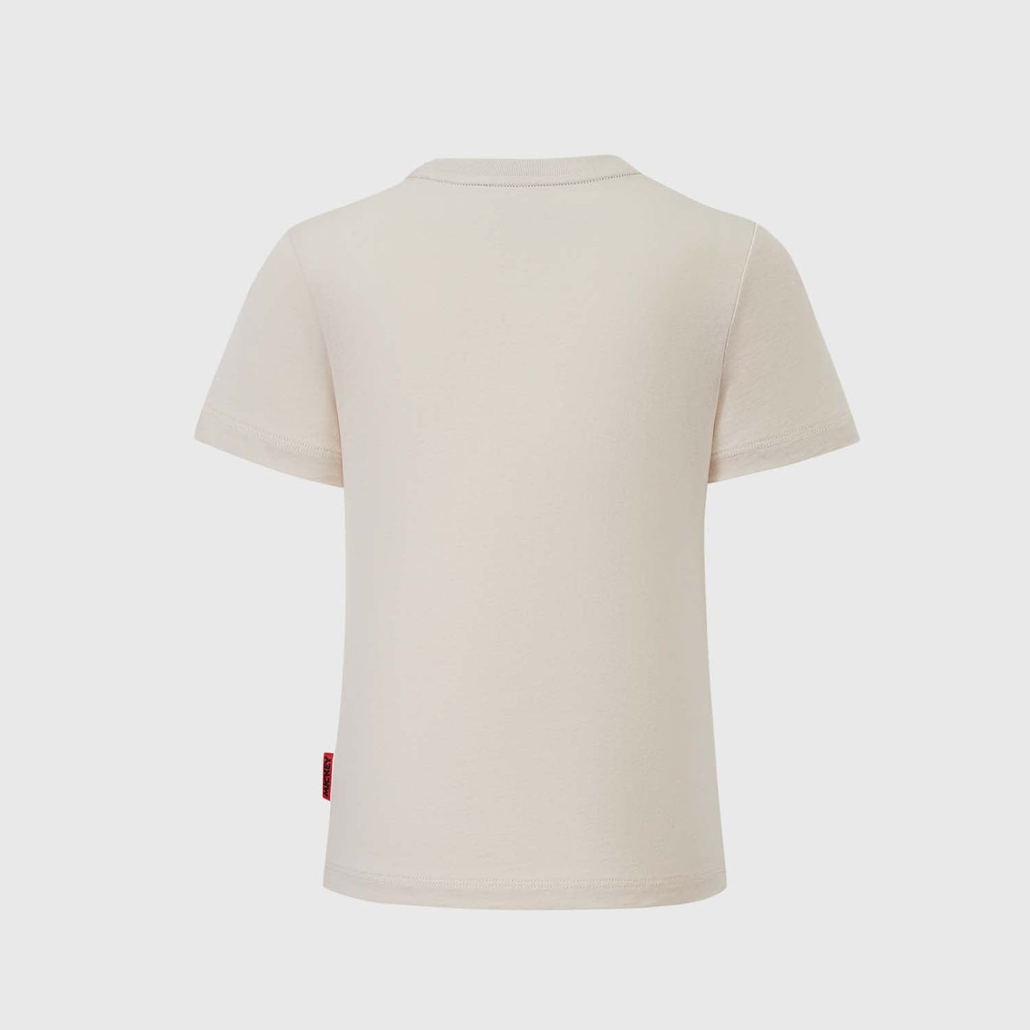 Polera beige de algodón con estampado colorido de Mickey Mouse y Pluto, mostrando a Mickey sonriendo y a Pluto con un hot dog, en un diseño divertido y amigable.