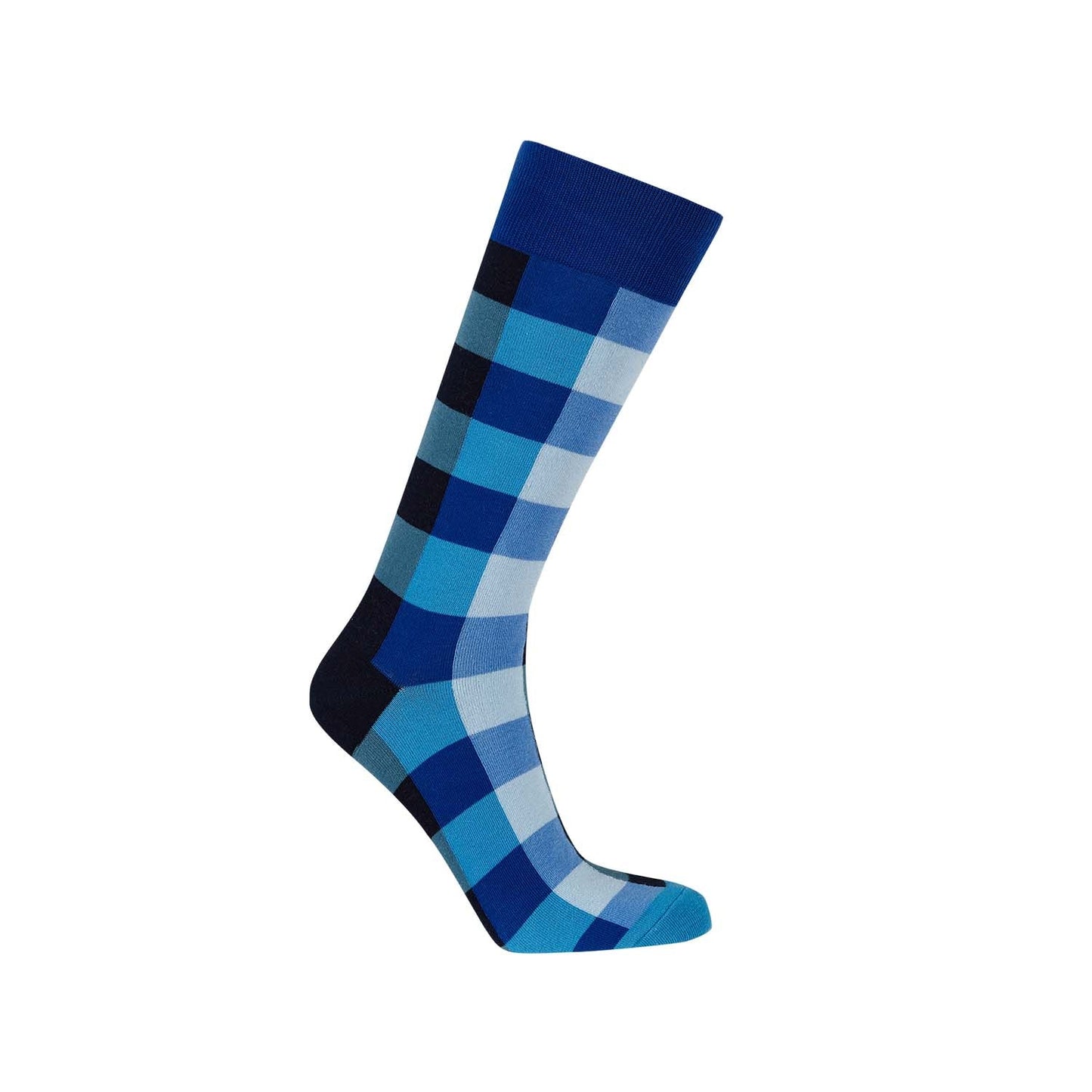 Calcetín de vestir azul claro con un diseño de cuadros en tonos azules y marinos, ideal para un look moderno y casual.