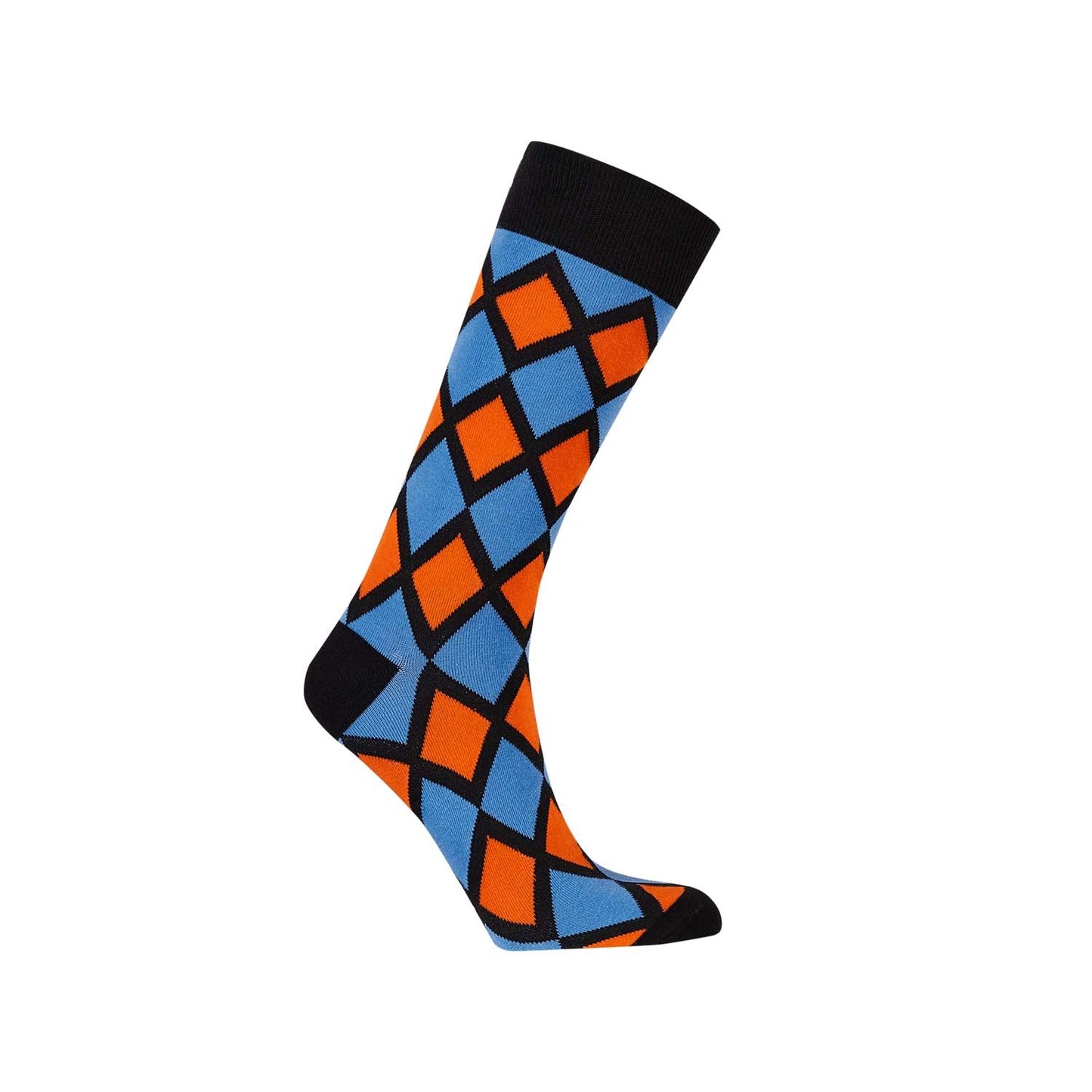 Calcetín de vestir celeste con un diseño de rombos en tonos naranja y negro, ideal para añadir un toque divertido y colorido a cualquier atuendo.