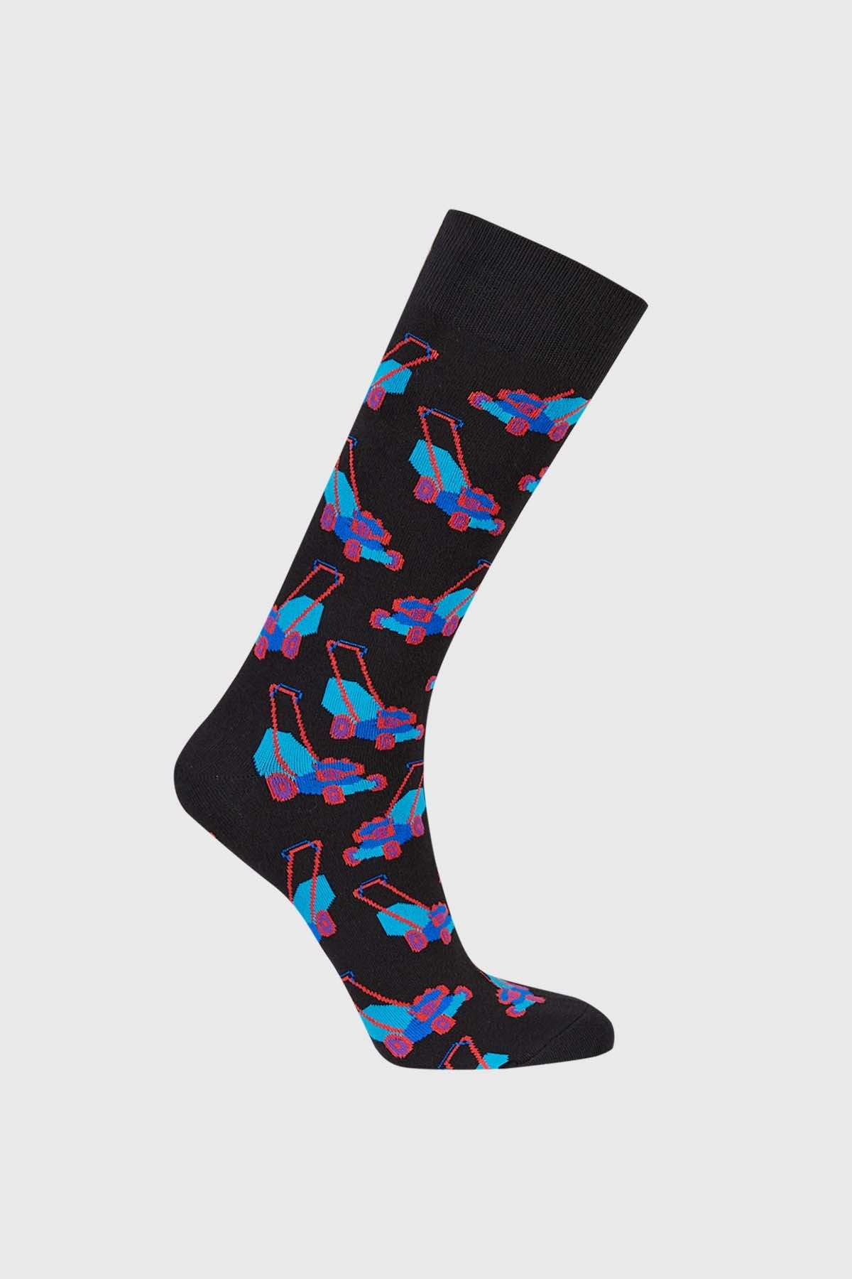 Calcetín de vestir azul noche con estampado de colorido diseño de carritos de juguete en tonos azul y rojo, ideal para un look divertido y geek.
