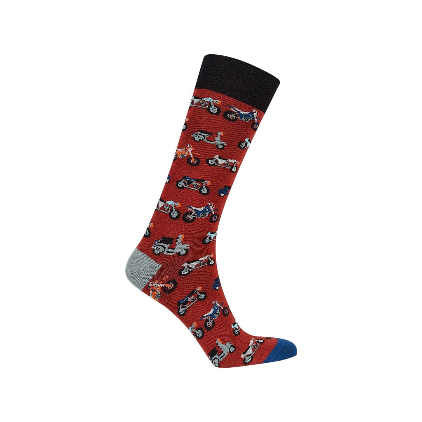 Calcetín de vestir rojo con estampado de motocicletas en diversos colores, diseñado para fanáticos de la cultura biker y el estilo urbano.