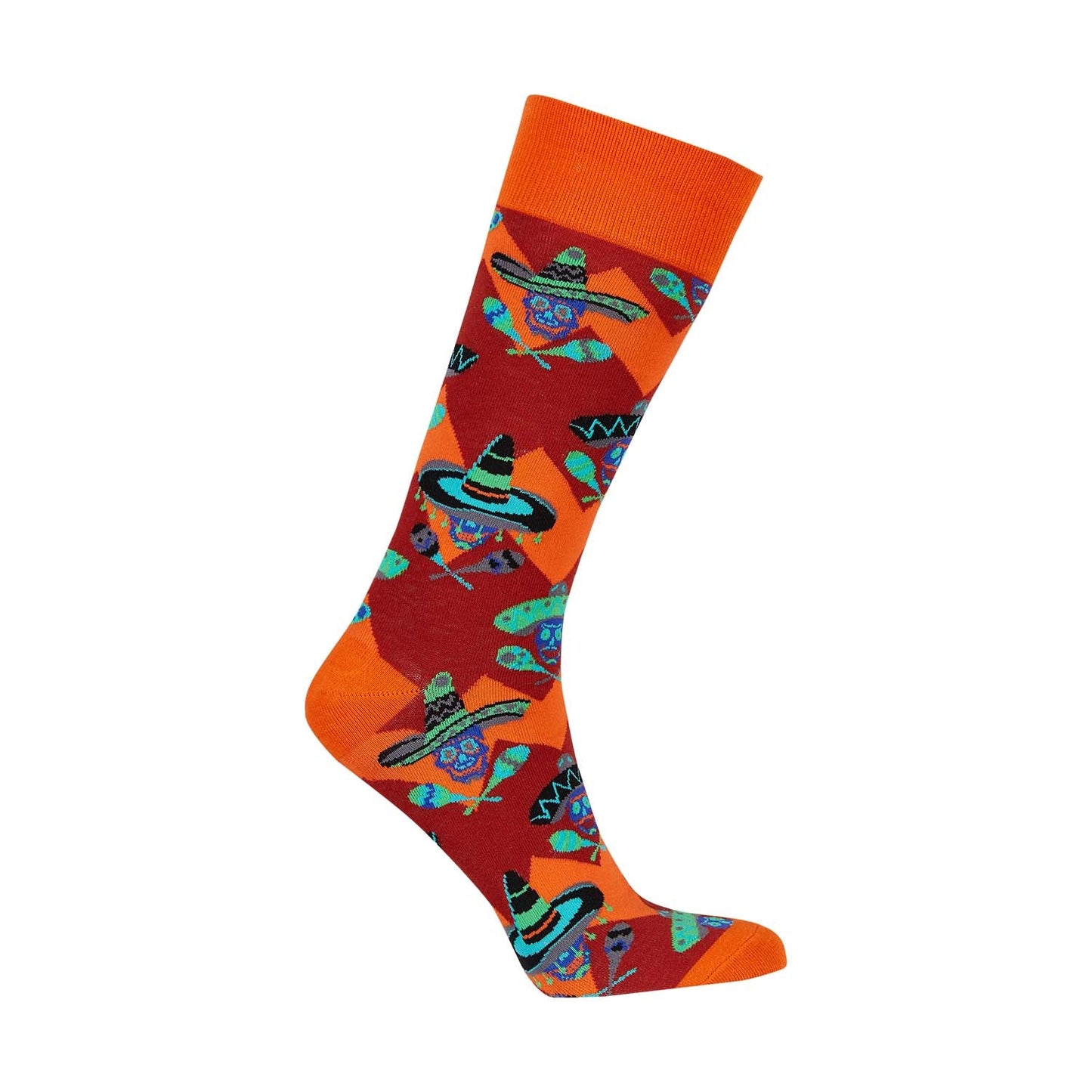 Calcetín naranjo con estampado de colorido sombrero mexicano y calaveras, ideal para fanáticos de la cultura pop y festividades como el Día de Muertos.