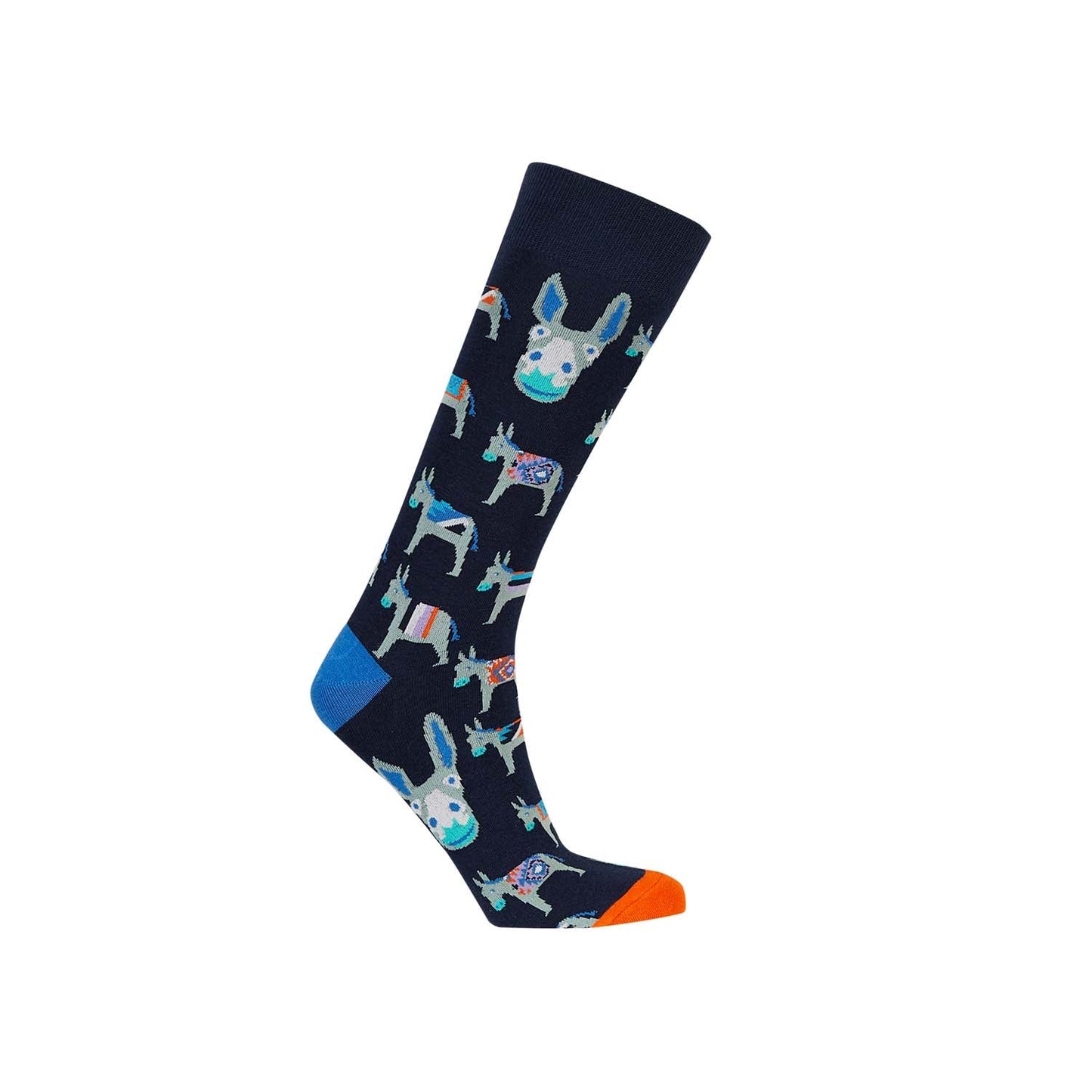 Calcetín negro con estampado de llamas coloridas en diversas poses, ideal para fanáticos de la cultura pop y el humor chileno.