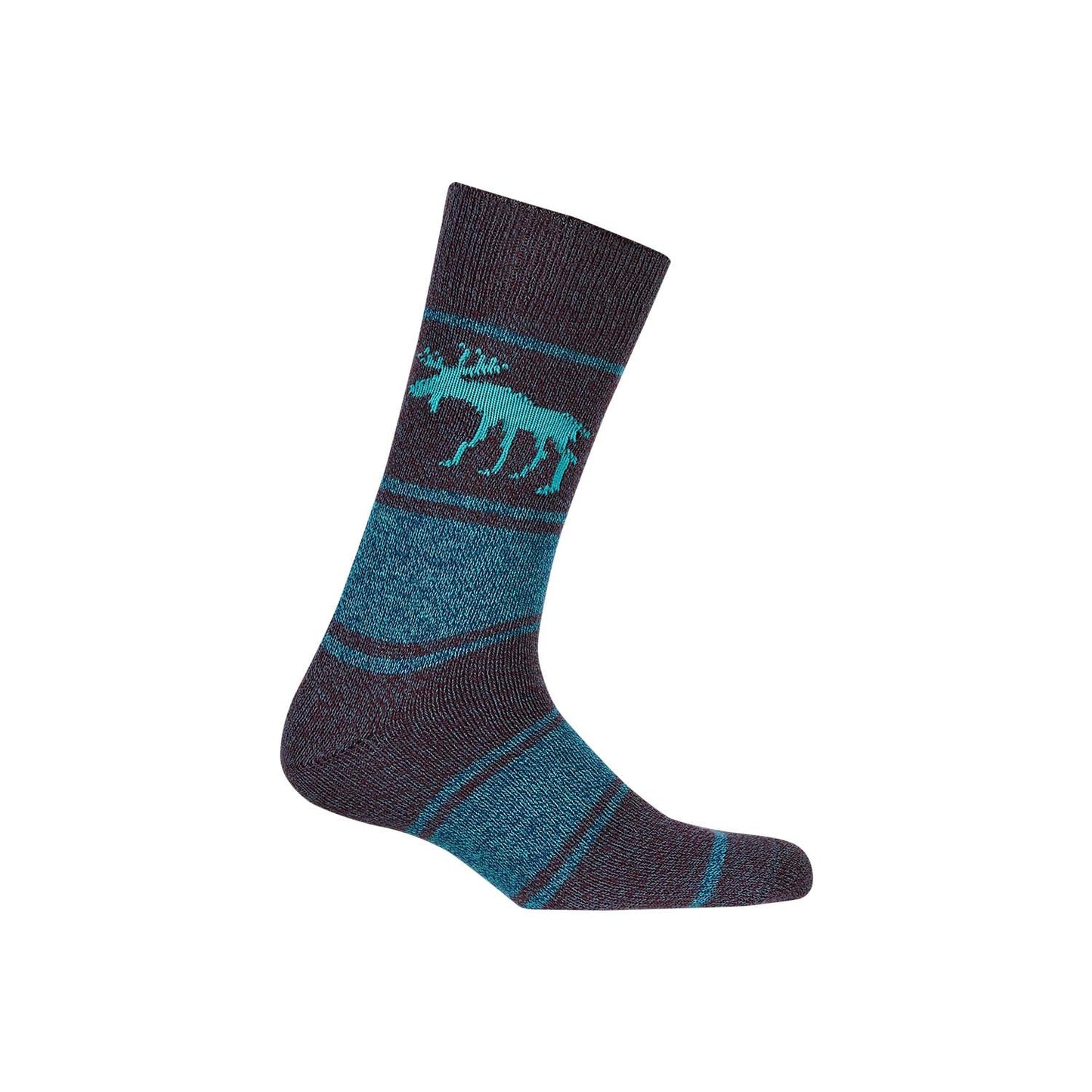 Calcetín de vestir gris con detalles en azul, presenta un diseño de alce en la parte superior, ideal para quienes buscan estilo y comodidad.