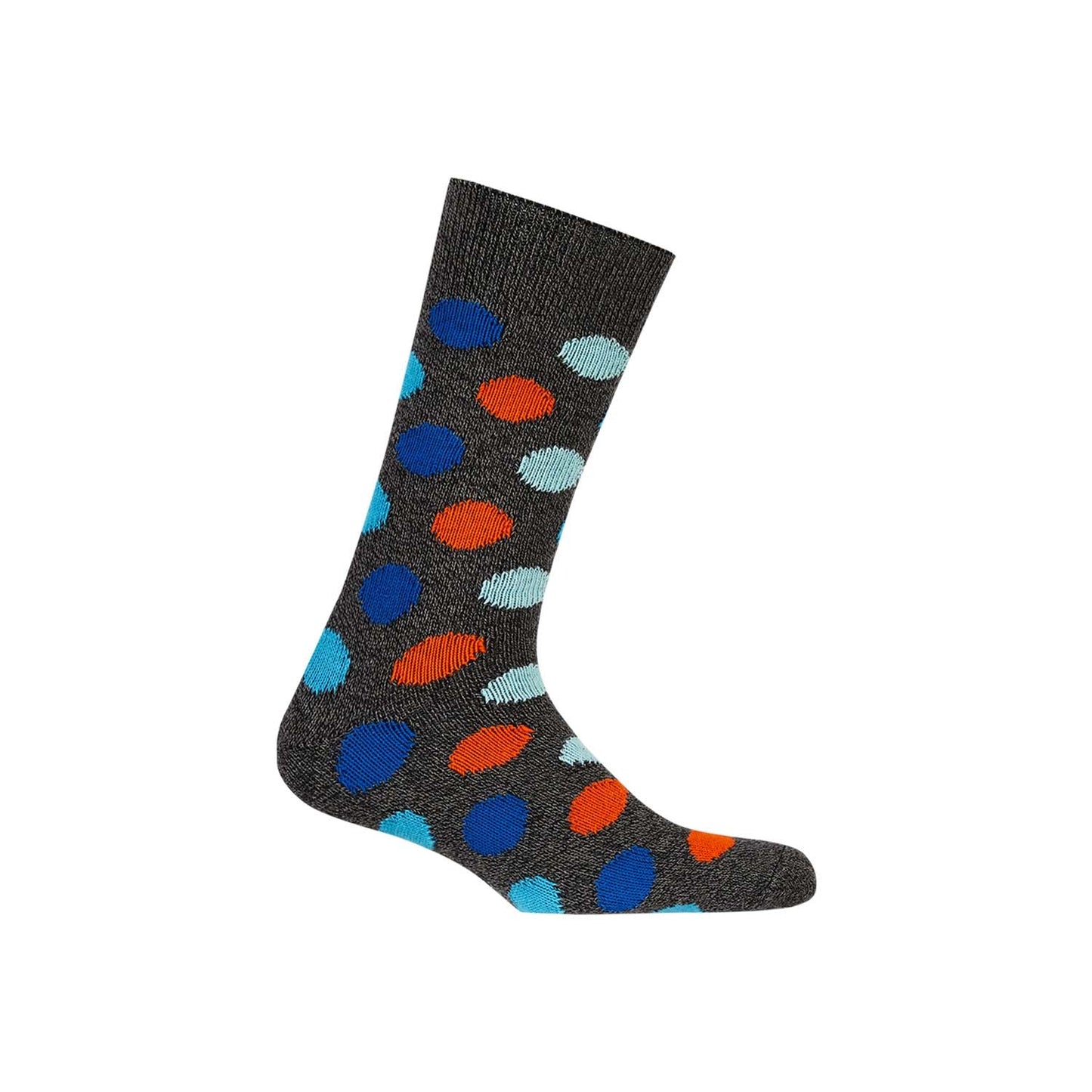 Calcetín de vestir negro con estampado de círculos en tonos azul, naranja y celeste, ideal para añadir un toque divertido y geek a cualquier outfit.