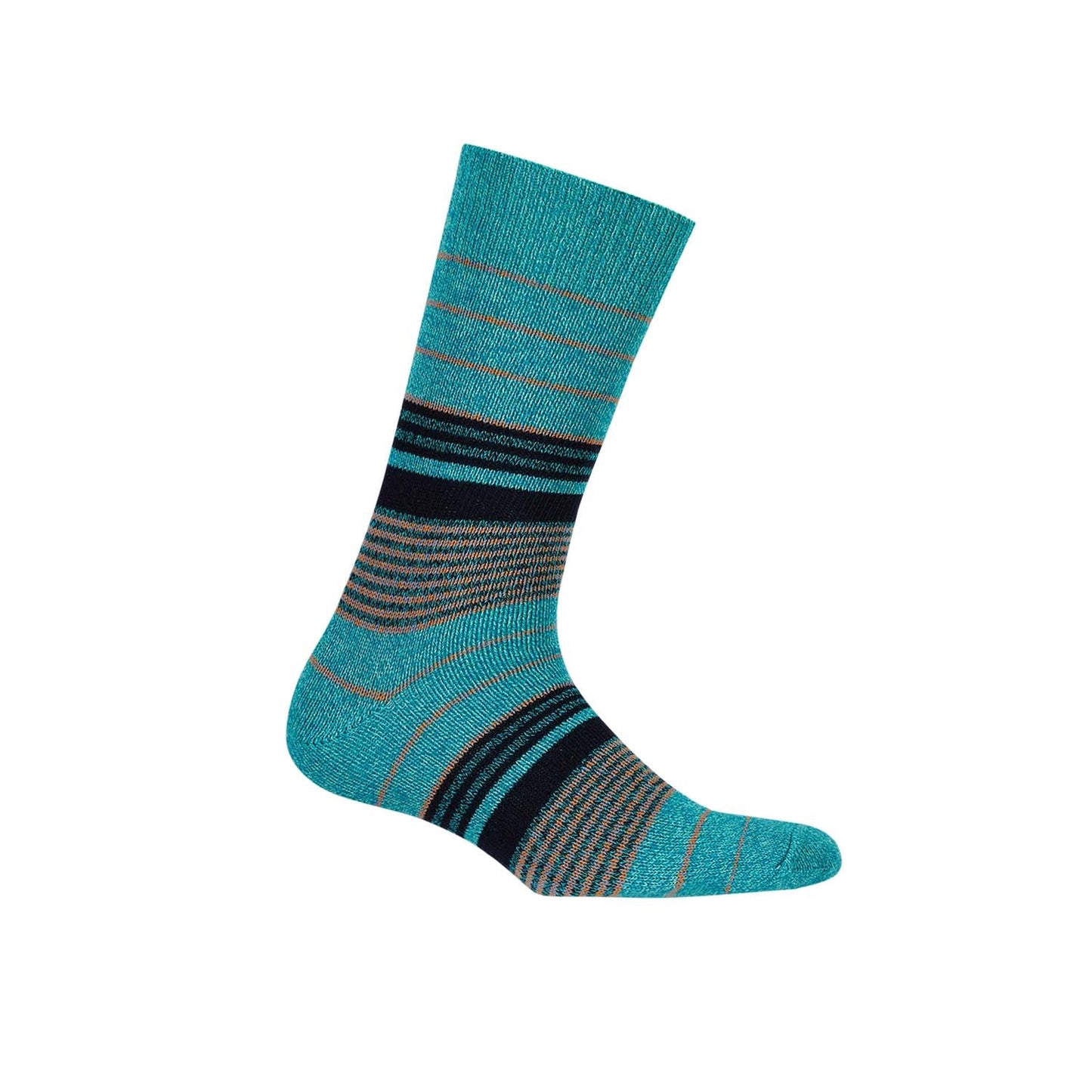 Calcetín de vestir verde con diseño de rayas en tonos azul marino y naranja, ideal para quienes buscan un toque de estilo geek en su atuendo.