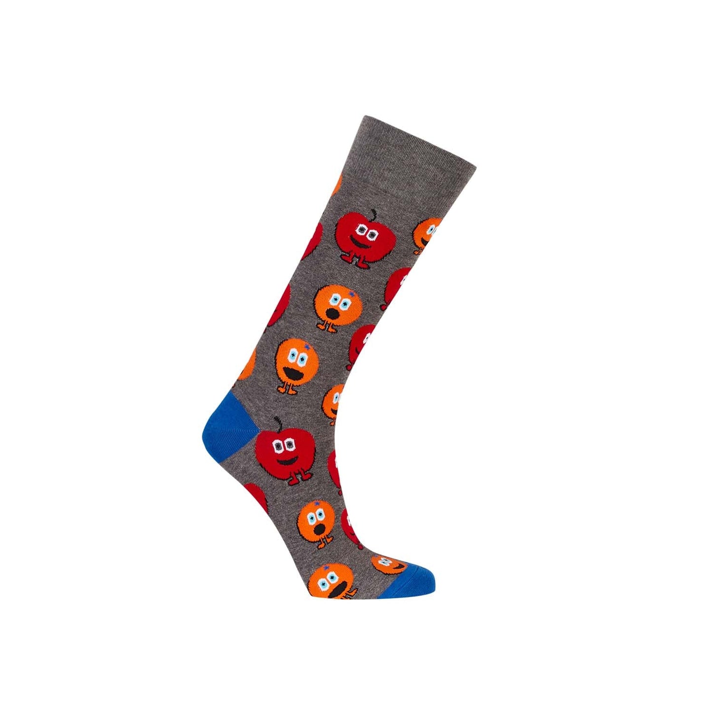 Calcetín de vestir marengo con fondo gris decorado con caricaturas de frutas sonrientes en rojo y naranja, detalles en azul en la puntera y talón.