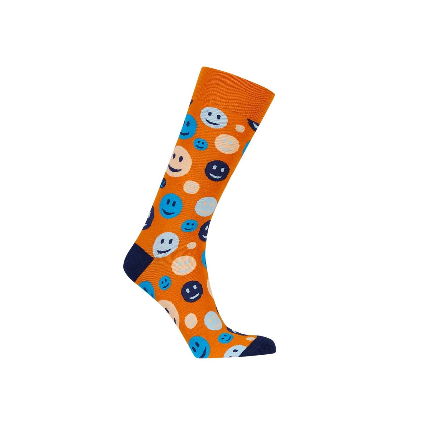 Calcetín de vestir naranjo con un vibrante estampado de emoticonos sonrientes en varios colores, ideal para expresar alegría y estilo.
