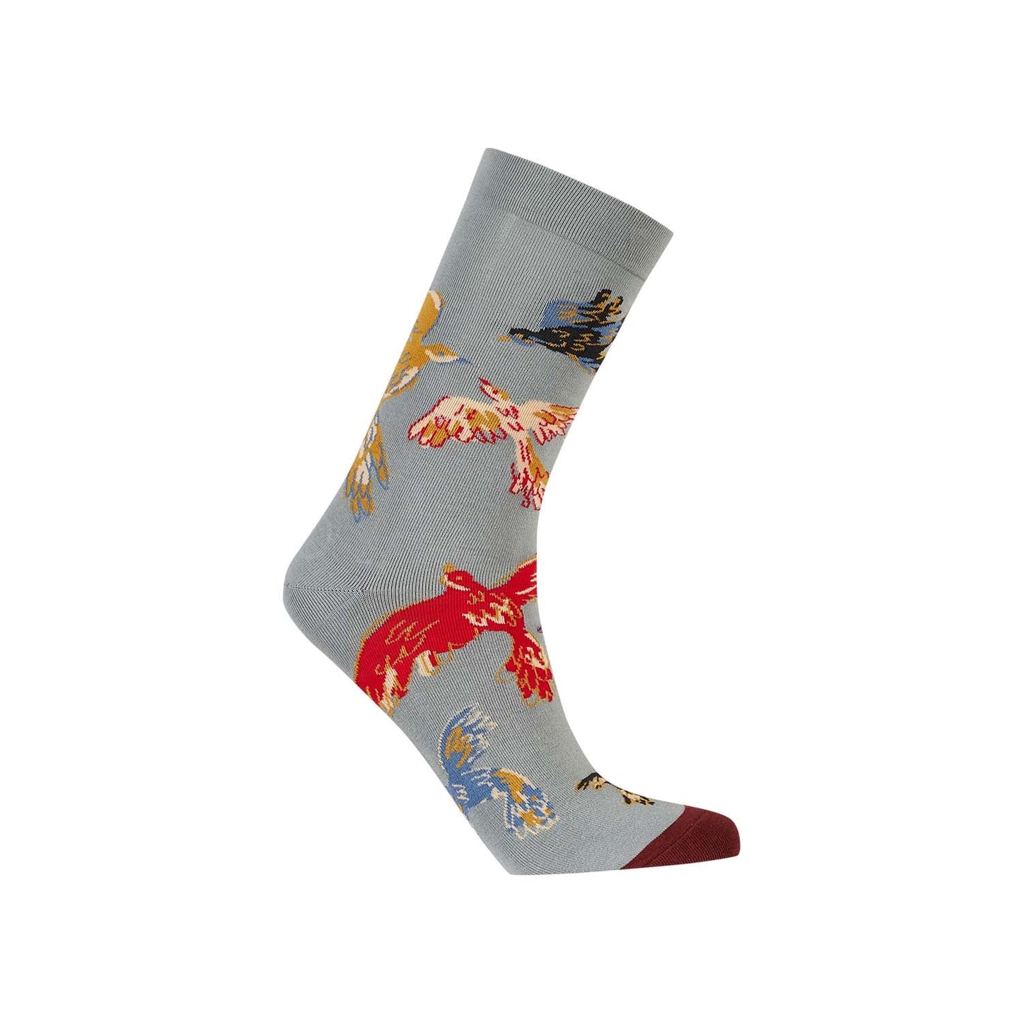 Calcetín de vestir gris con un vibrante estampado de aves en tonos rojo, azul y dorado, ideal para quienes buscan un toque distintivo y elegante.