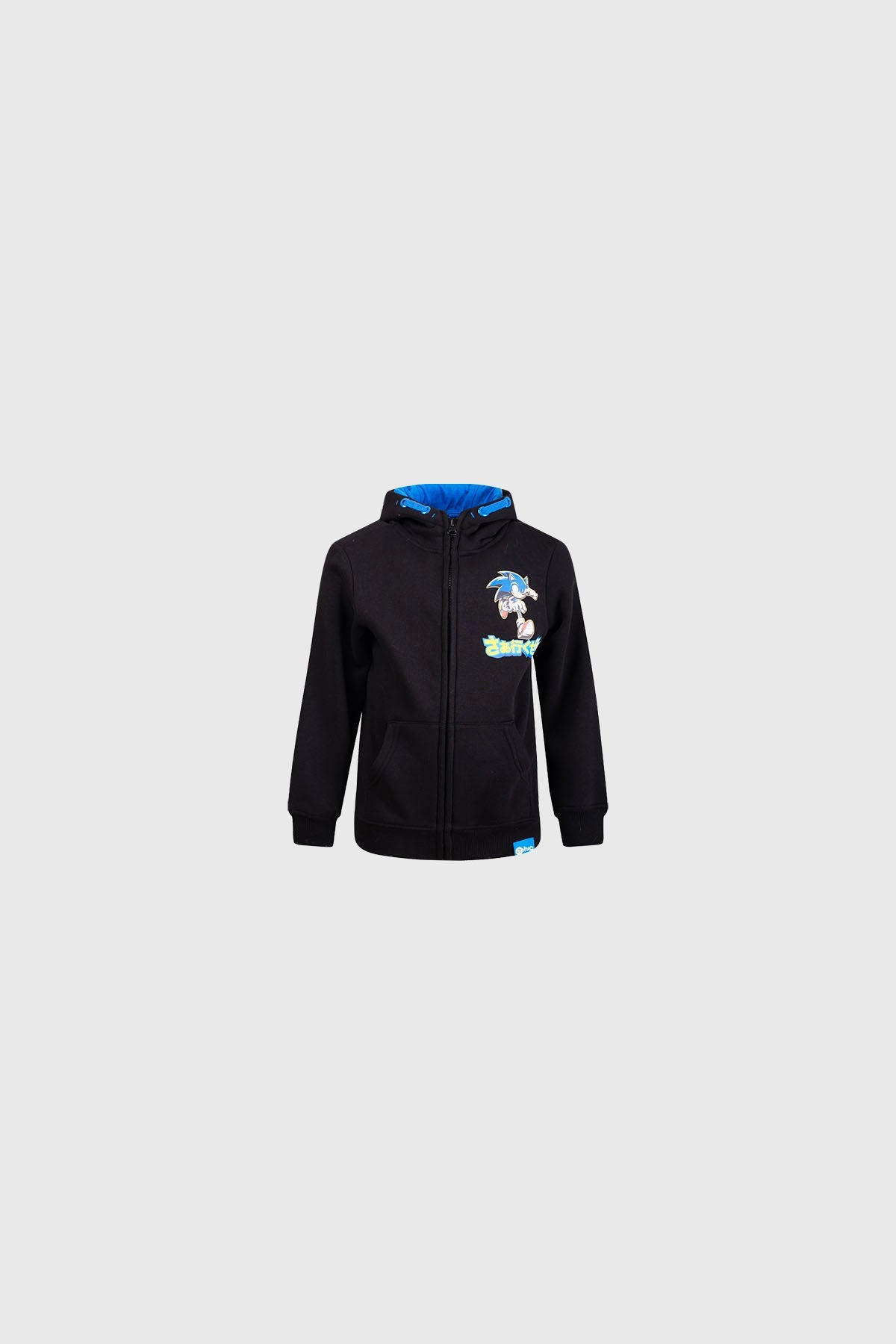 Polerón negro con capucha, estampado de Sonic en colores vibrantes, diseño que evoca la velocidad y aventura del universo de videojuegos.