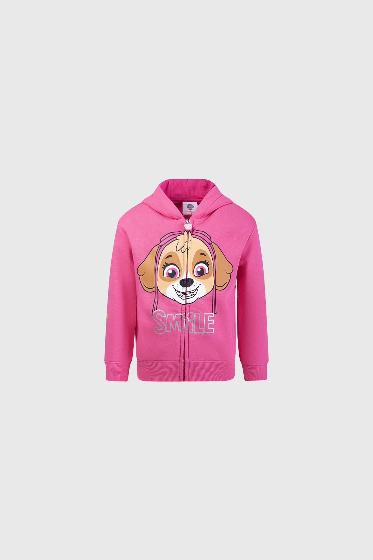 Polerón rosado con capucha de Paw Patrol, presenta a Skye con orejas de perro y el texto 'SMILE' en letras brillantes, ideal para fans de la serie.