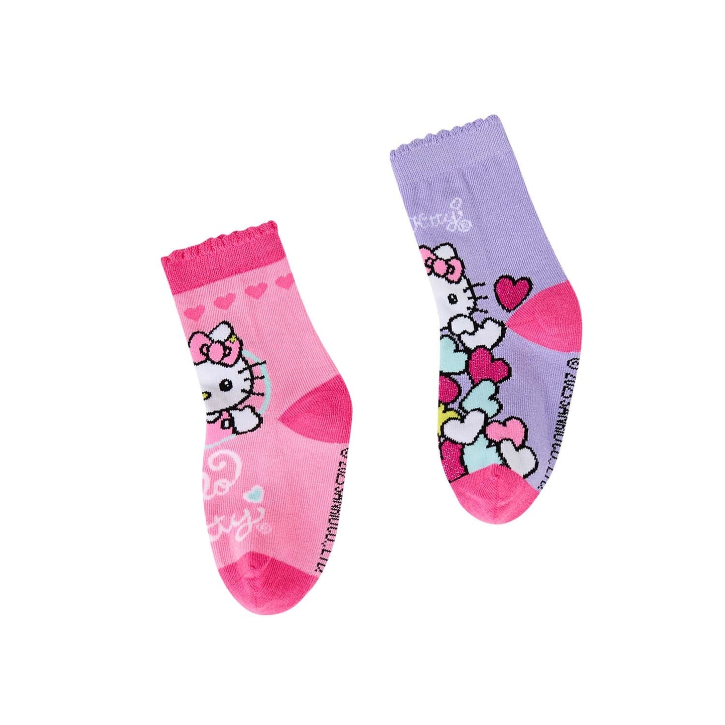 Calcetines bipack de Hello Kitty en rosa y lila con ilustraciones de la icónica gata, uno con corazones y otro con un diseño colorido, perfectos para fans.