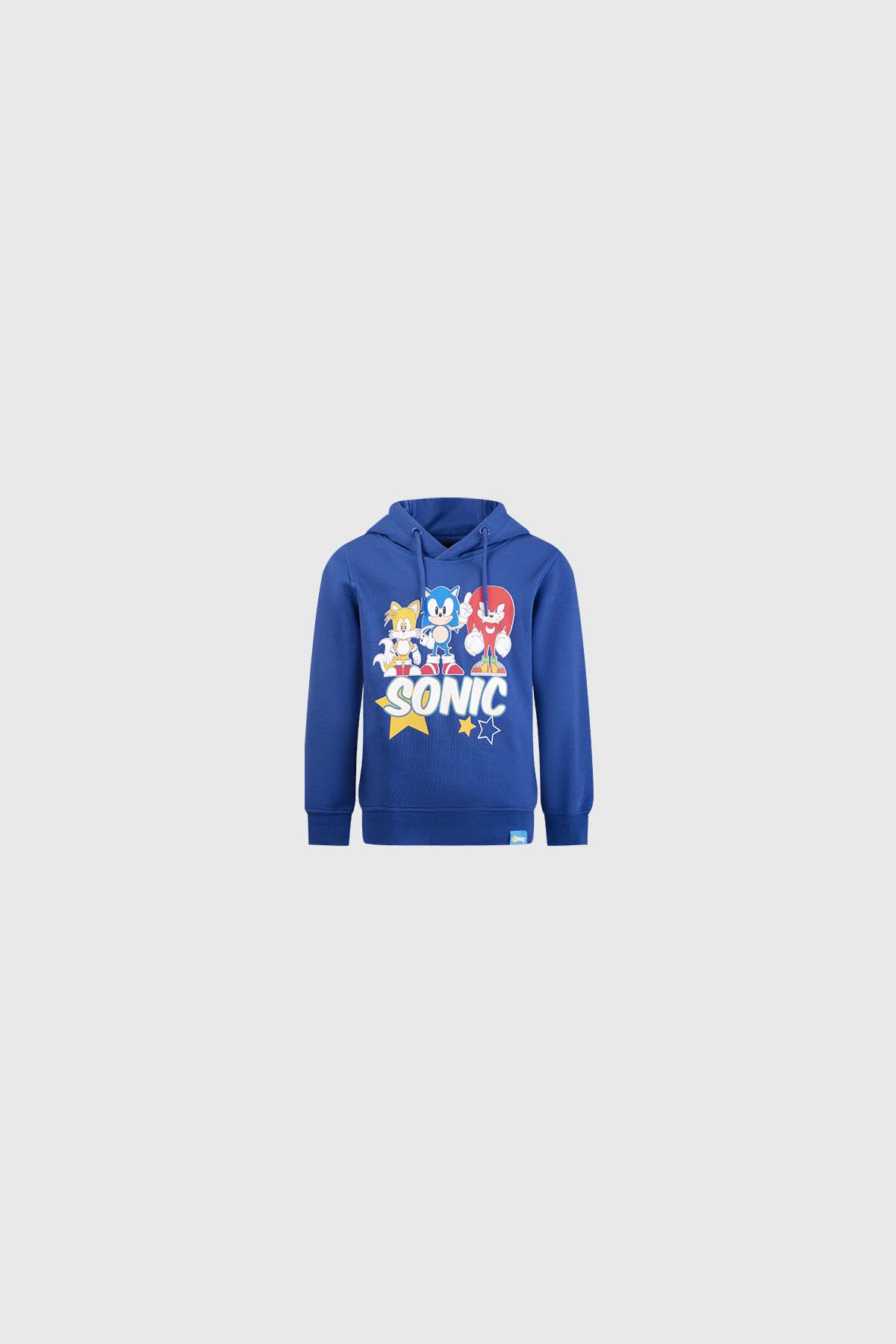 Polerón azul con estampado de Sonic y amigos, ilustración vibrante en estilo cartoon, ideal para fans de la saga de videojuegos.