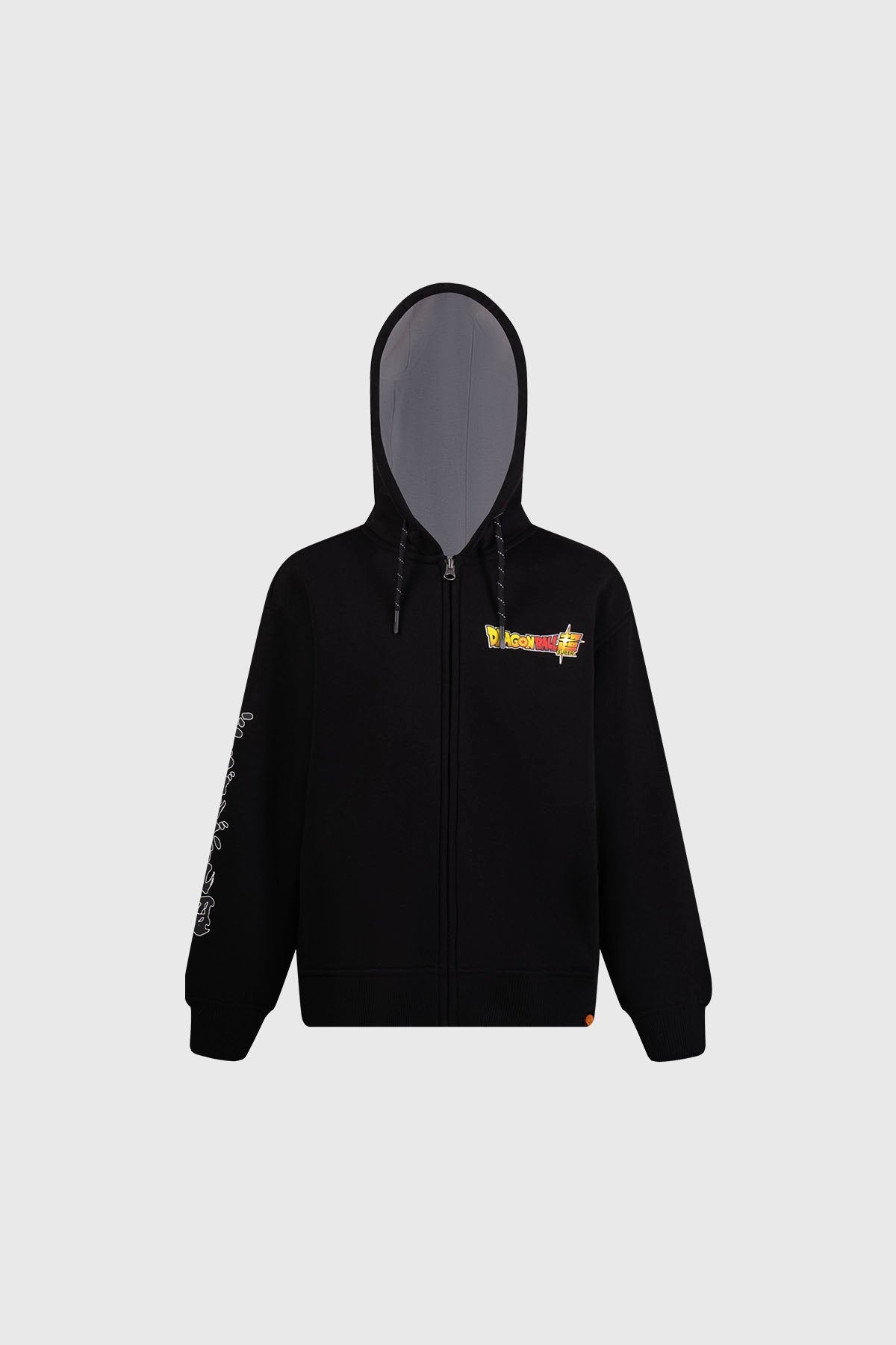 Polerón negro con capucha de Dragon Ball, presenta un logo vibrante en el pecho y detalles gráficos en las mangas, ideal para fans de Goku.