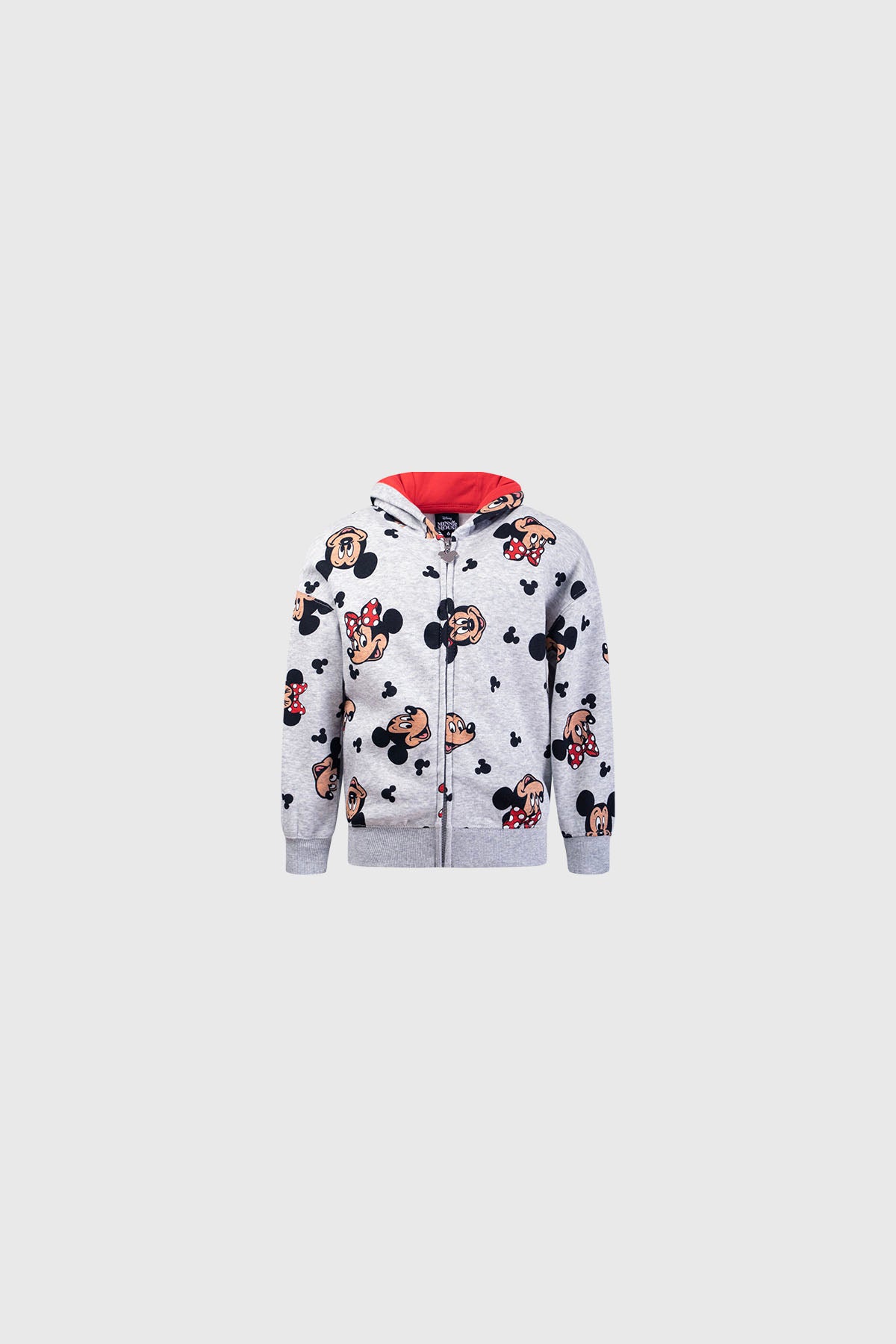 Polerón gris con estampado de Mickey y Minnie, incluye orejas negras y moño rojo, ideal para fans de Disney que buscan comodidad y estilo.