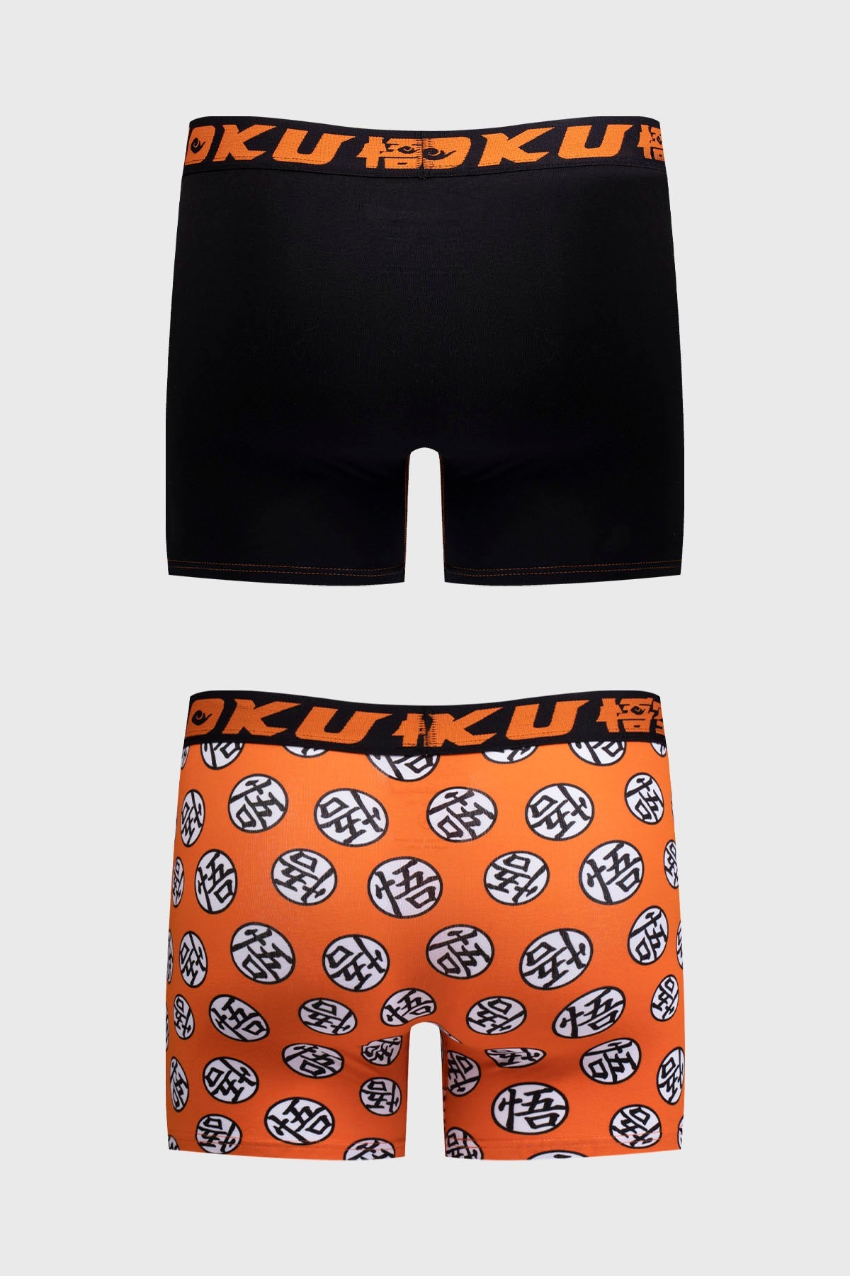 Boxer bipack Dragon Ball en negro y naranja con estampado de Goku y esferas del dragón, ideal para los fanáticos de la saga.