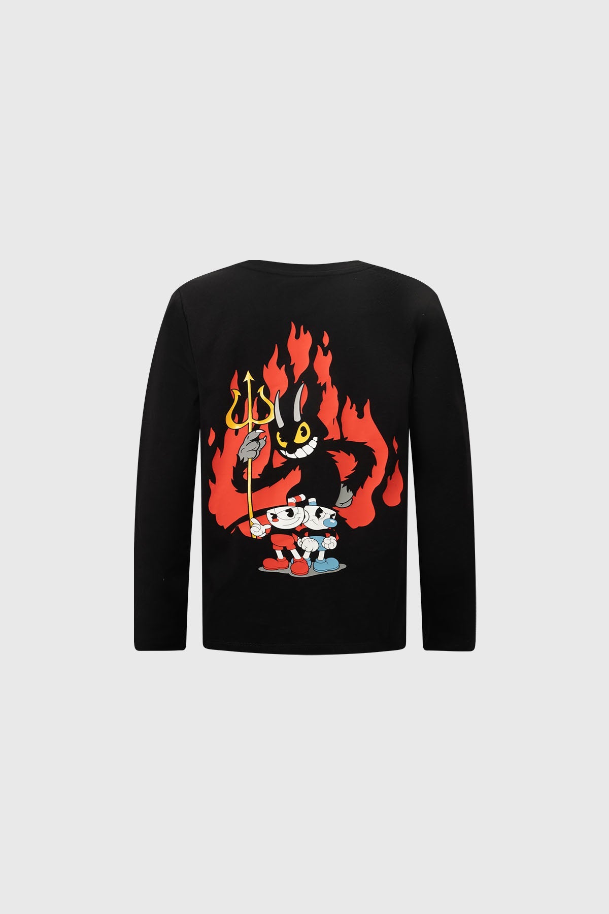 Polera negra de Cuphead con ilustración vibrante del personaje principal y su hermano Mugman, con detalles en amarillo en el cuello y puños.