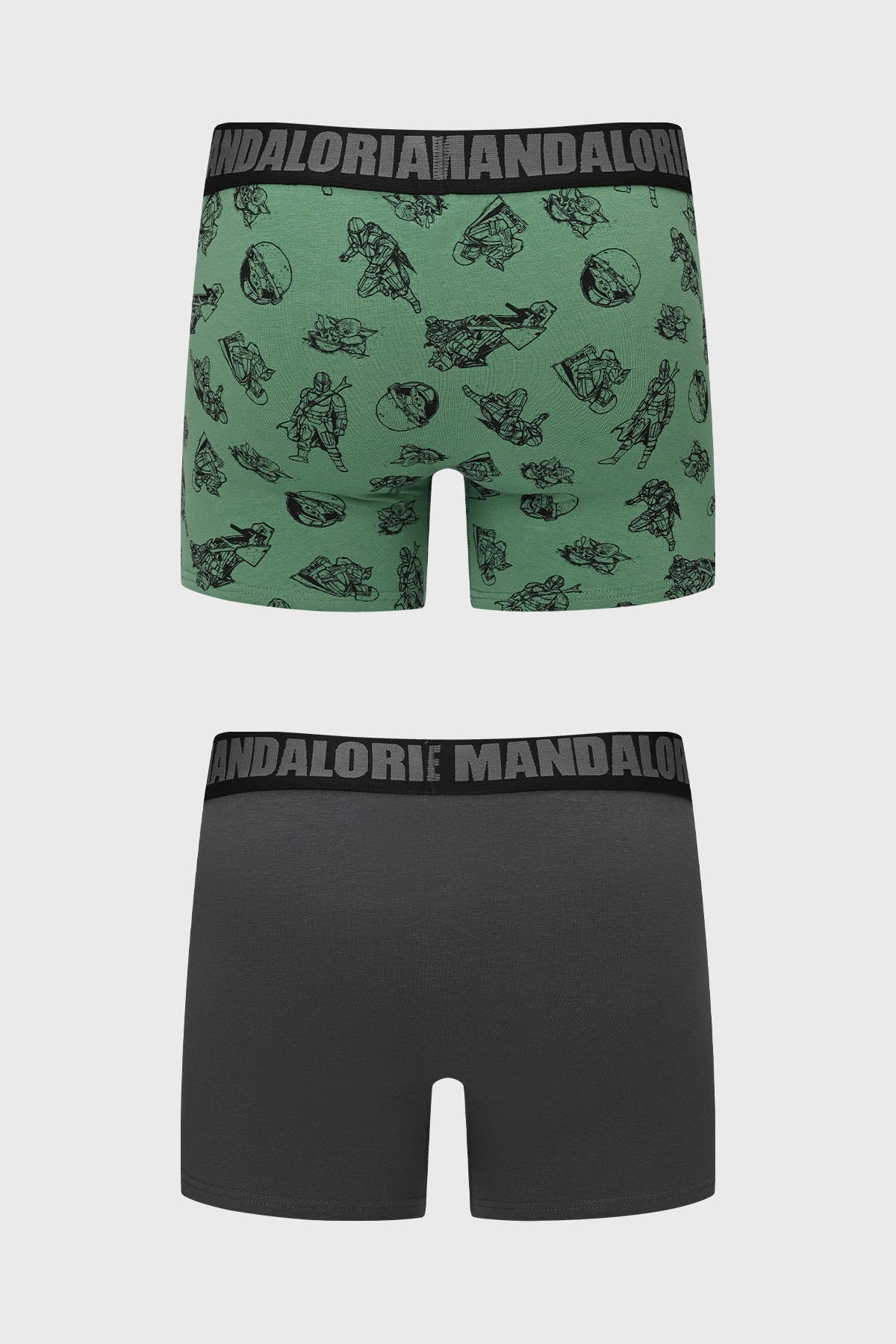 Boxer Mandalorian Marengo en verde con estampado de personajes y naves en negro, elástico con el texto 'THE MANDALORIAN', ideal para fans de Star Wars.