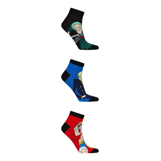 Tripack de calcetas de One Piece en negro, azul y rojo con ilustraciones de Zoro, Sanji y Luffy, ideales para fans del anime.