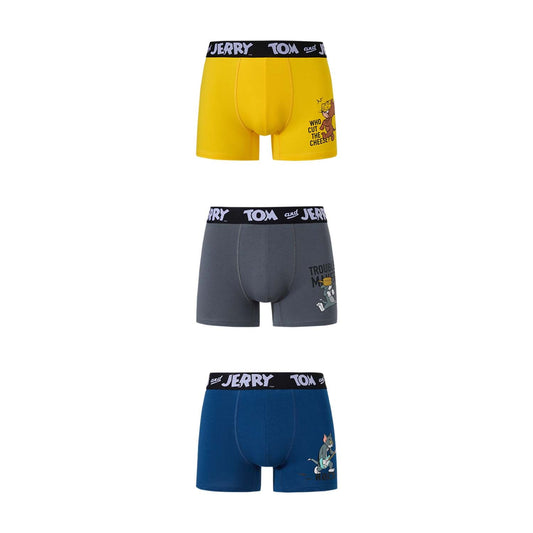 Bóxer azul con estampado de Tom y Jerry, presenta a Tom en acción cómica, confeccionado en algodón suave y elástico para comodidad diaria.