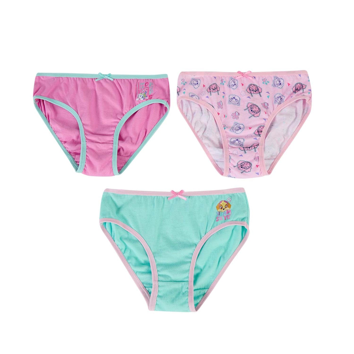 Calzón tripack de Paw Patrol en tonos rosa y verde, incluye estampados de Skye y sus amigos en un diseño alegre y divertido, ideal para pequeñas aventureras.