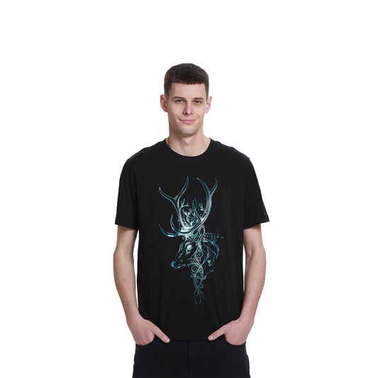 Polera negra de algodón con un diseño en azul que representa un ciervo estilizado, evocando el Patronus de Harry Potter, ideal para fans de la saga.