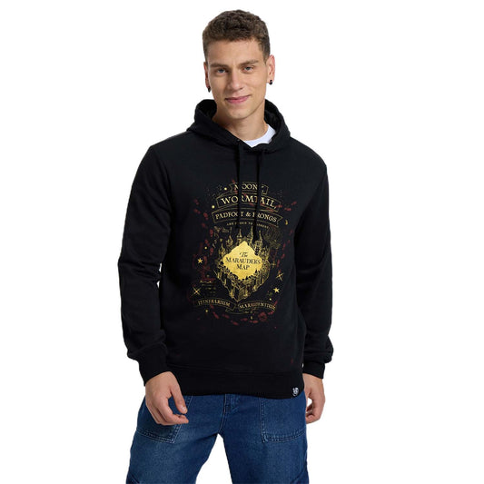 Polerón negro con diseño dorado del Mapa del Merodeador de Harry Potter, destacando detalles de Hogwarts y la frase 'Mischief Managed'.