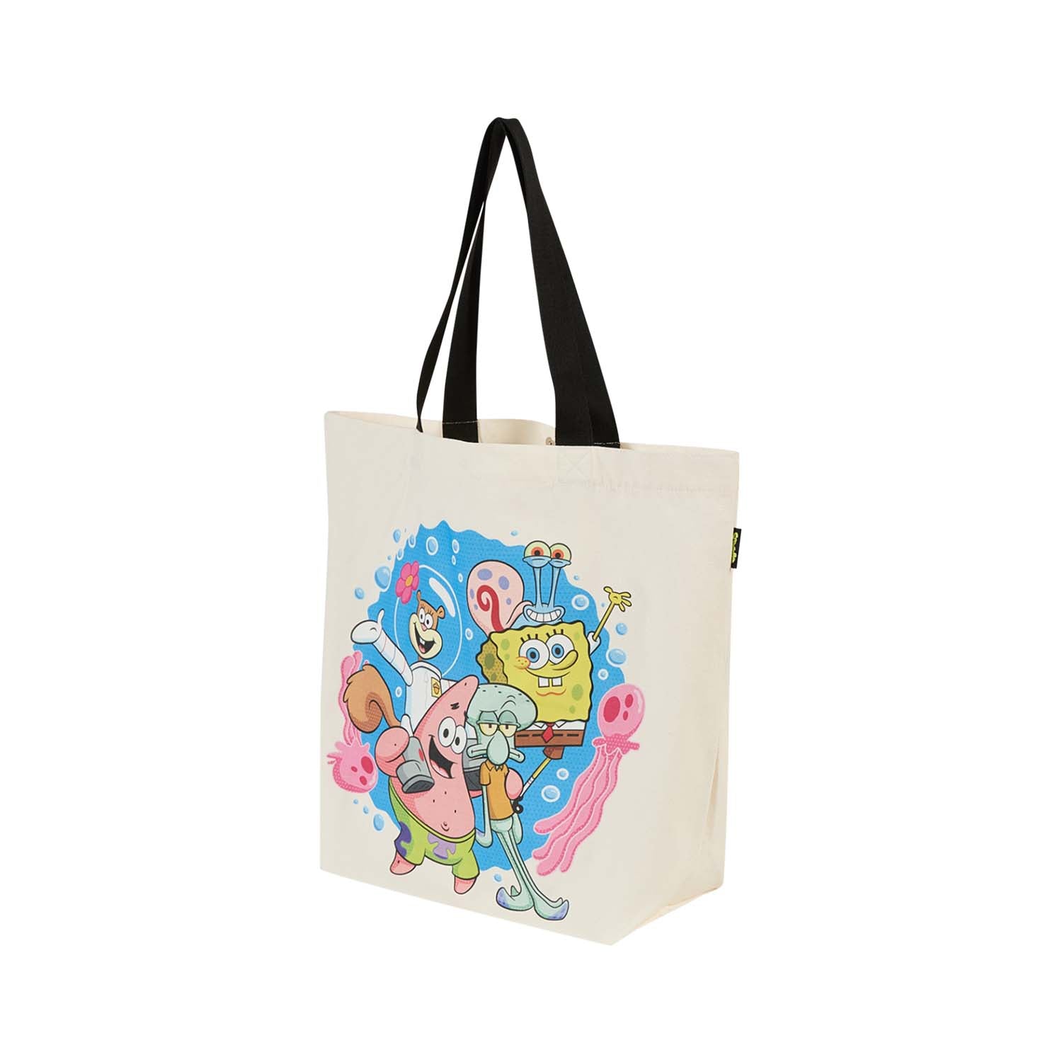 Bolsa grande beige con ilustración vibrante de Bob Esponja y amigos en un fondo azul marino, capturando la esencia divertida de la serie.