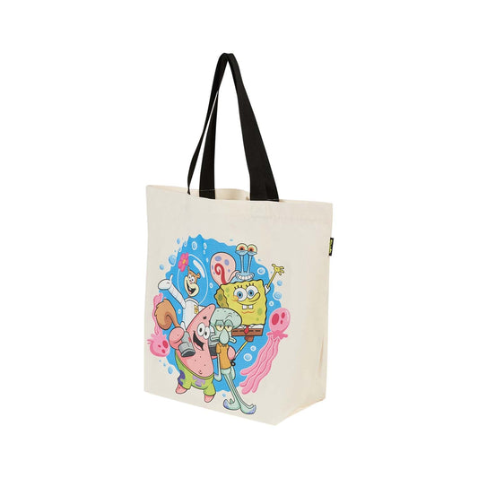 Bolsa grande beige con ilustración vibrante de Bob Esponja y amigos en un fondo azul marino, capturando la esencia divertida de la serie.