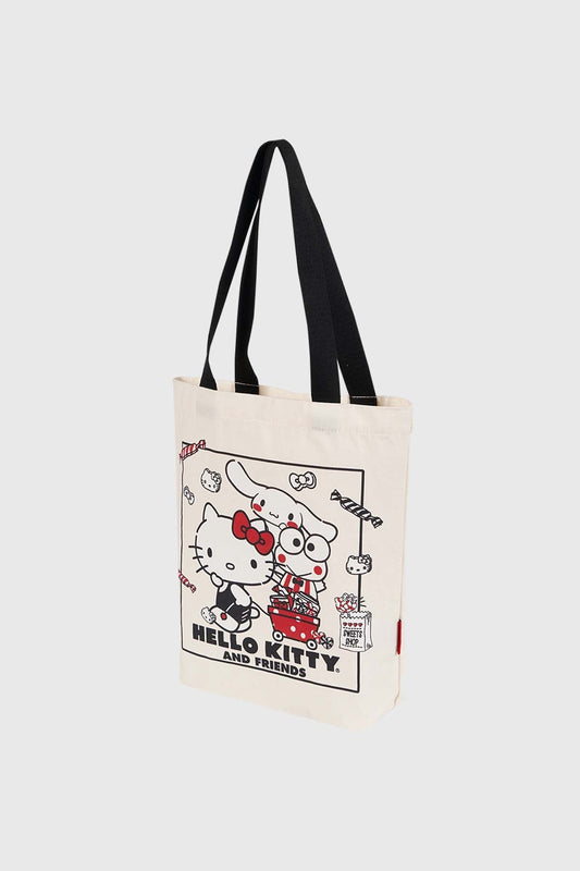 Bolsa mediana beige con estampado de Hello Kitty y sus amigos en estilo cartoon, mostrando a Kitty con su lazo rojo y otros personajes en un ambiente festivo.