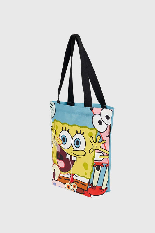 Bolsa celeste con estampado vibrante de Bob Esponja y sus amigos, mostrando su icónica sonrisa y alegría en un diseño divertido y colorido.