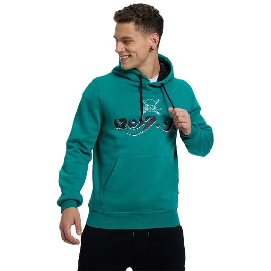 Polerón verde de One Piece con diseño frontal que incluye el logo de los Piratas de Sombrero de Paja y la katana de Zoro, ideal para fans del anime.