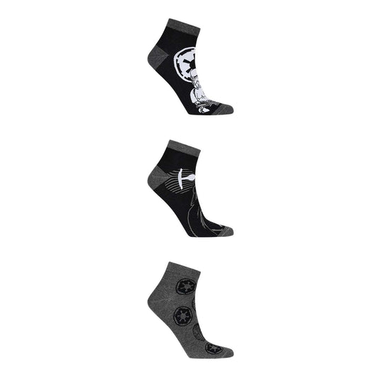 Tripack de calcetas en negro y gris con estampados de Star Wars, incluyendo a Darth Vader y el logo del Imperio, perfectas para fans de la saga.