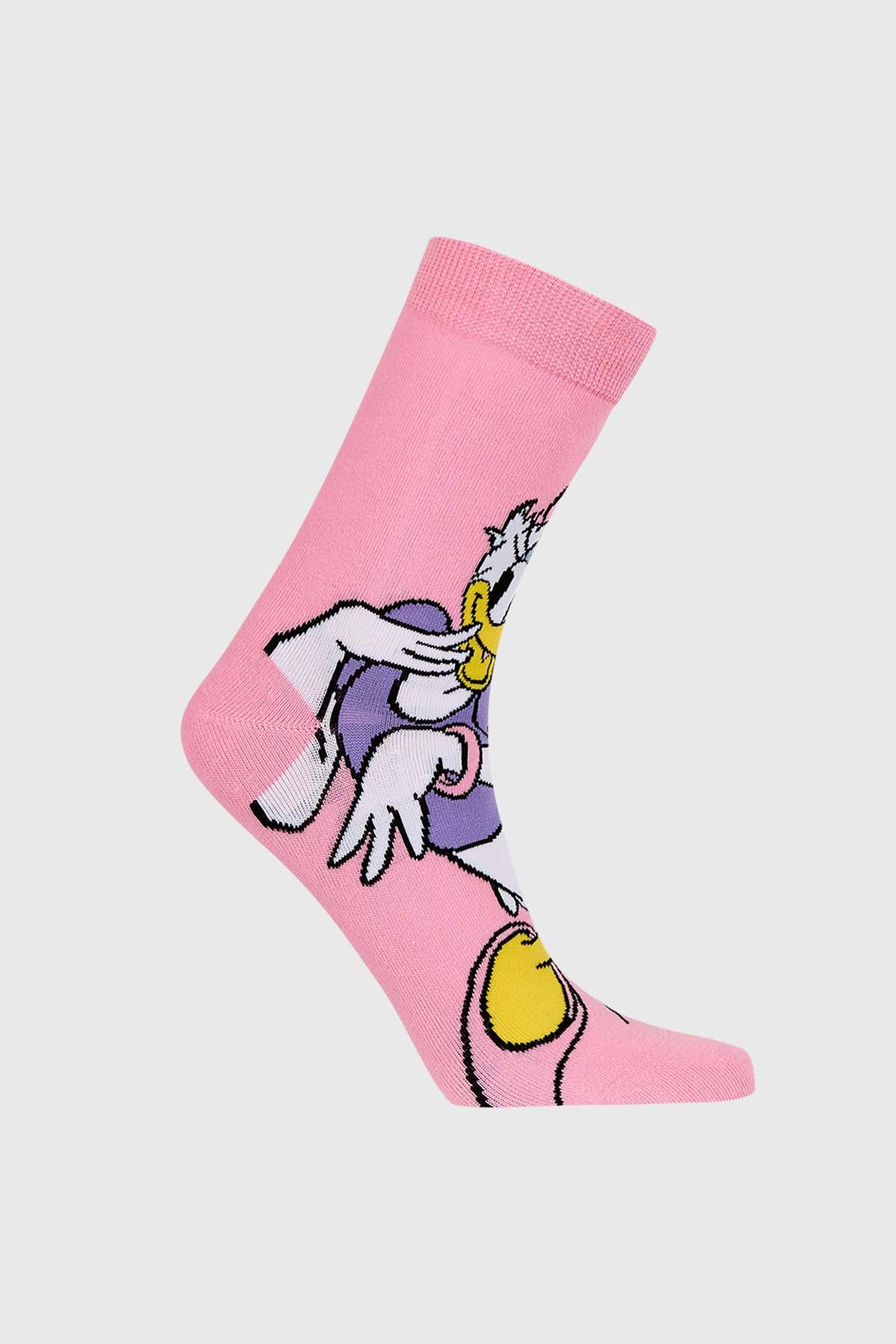 Calcetín de vestir rosa con diseño de Daisy Duck, que muestra a la icónica pato en pose coqueta, ideal para fans de Disney.