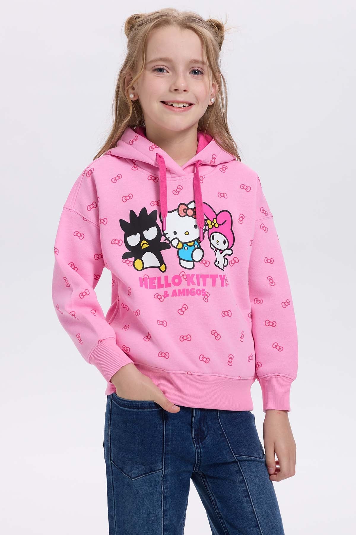 Polerón rosado con estampado de Hello Kitty y sus amigos, ilustración vibrante y divertida en el centro, ideal para fans de Sanrio.