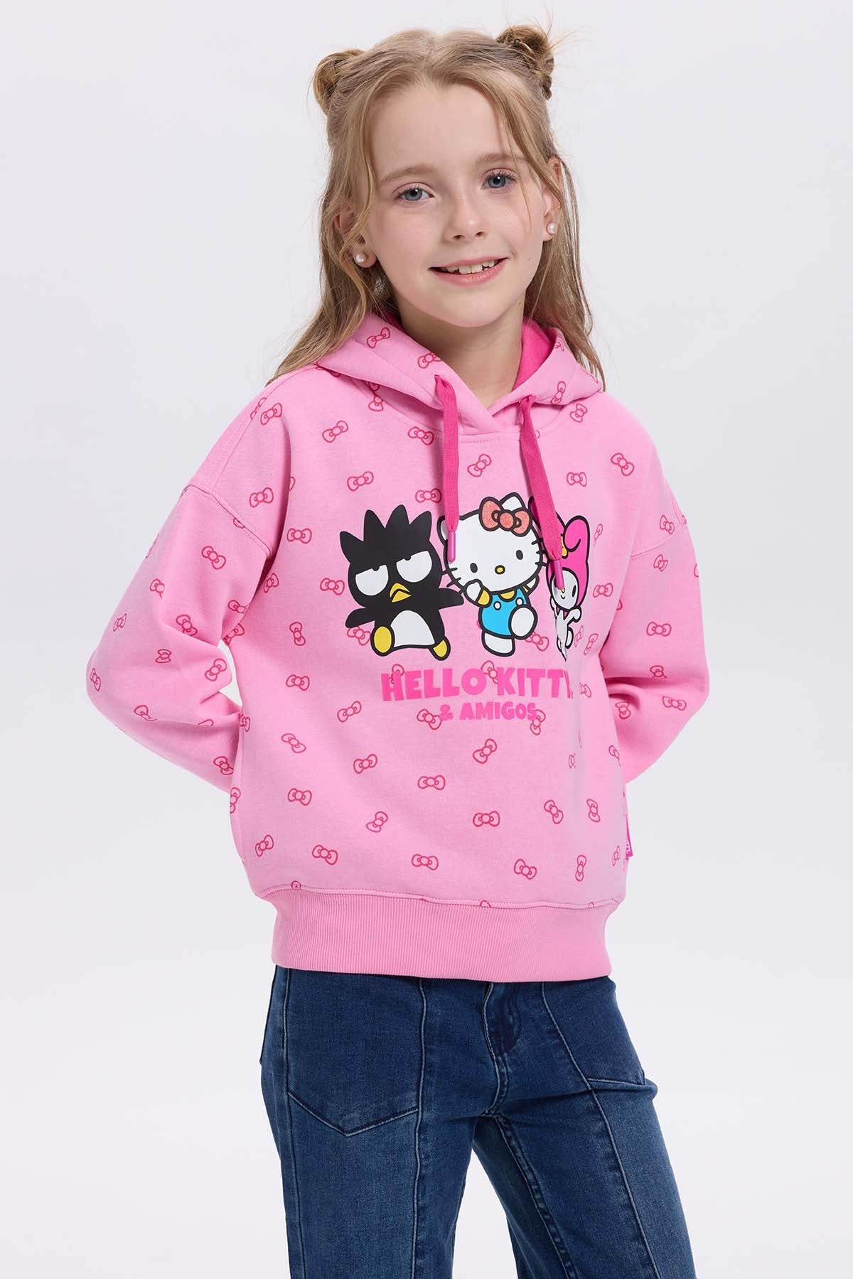 Polerón rosado con estampado de Hello Kitty y sus amigos, ilustración vibrante y divertida en el centro, ideal para fans de Sanrio.