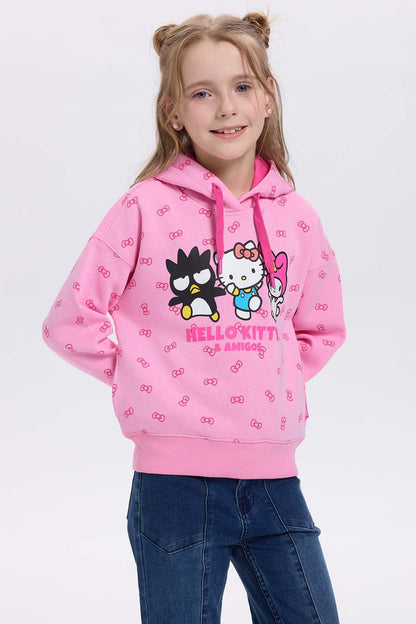 Polerón rosado con estampado de Hello Kitty y sus amigos, ilustración vibrante y divertida en el centro, ideal para fans de Sanrio.