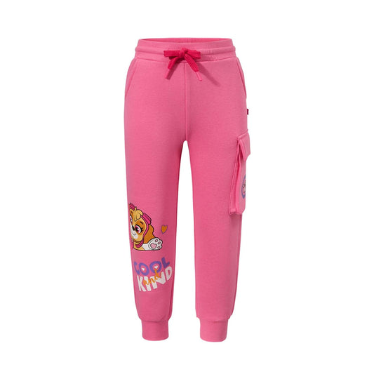 Pantalón buzo cargo rosado con estampado de Skye de Paw Patrol sonriendo y el texto "Cool Kind" en colores vibrantes, ideal para los pequeños aventureros.
