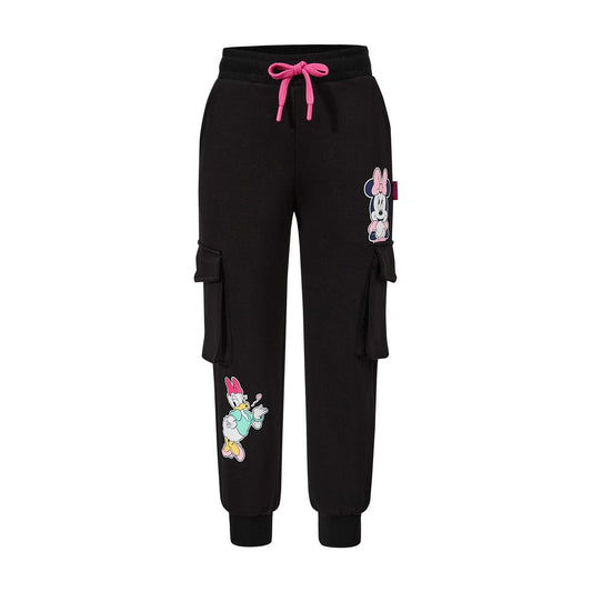 Pantalón buzo negro con estampados de Minnie y Daisy en estilo cartoon, detalles en colores pastel y cordón rosa, ideal para fans de Disney.
