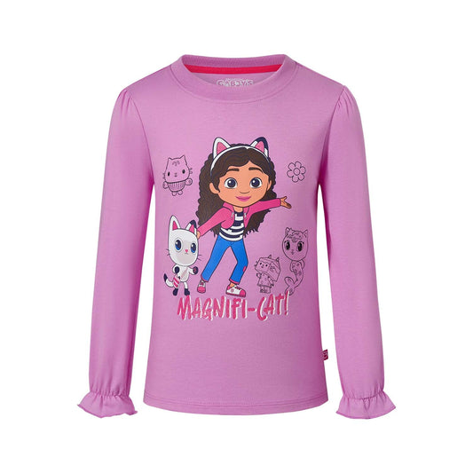 Polera lila de Gabby’s Dollhouse con ilustración de Gabby y sus adorables gatos en un estilo colorido y divertido, perfecta para los fans de la serie.
