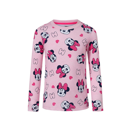Polera rosada de manga larga con estampado de Minnie Mouse en diferentes poses y corazones, ideal para fans de Disney que buscan estilo y ternura.
