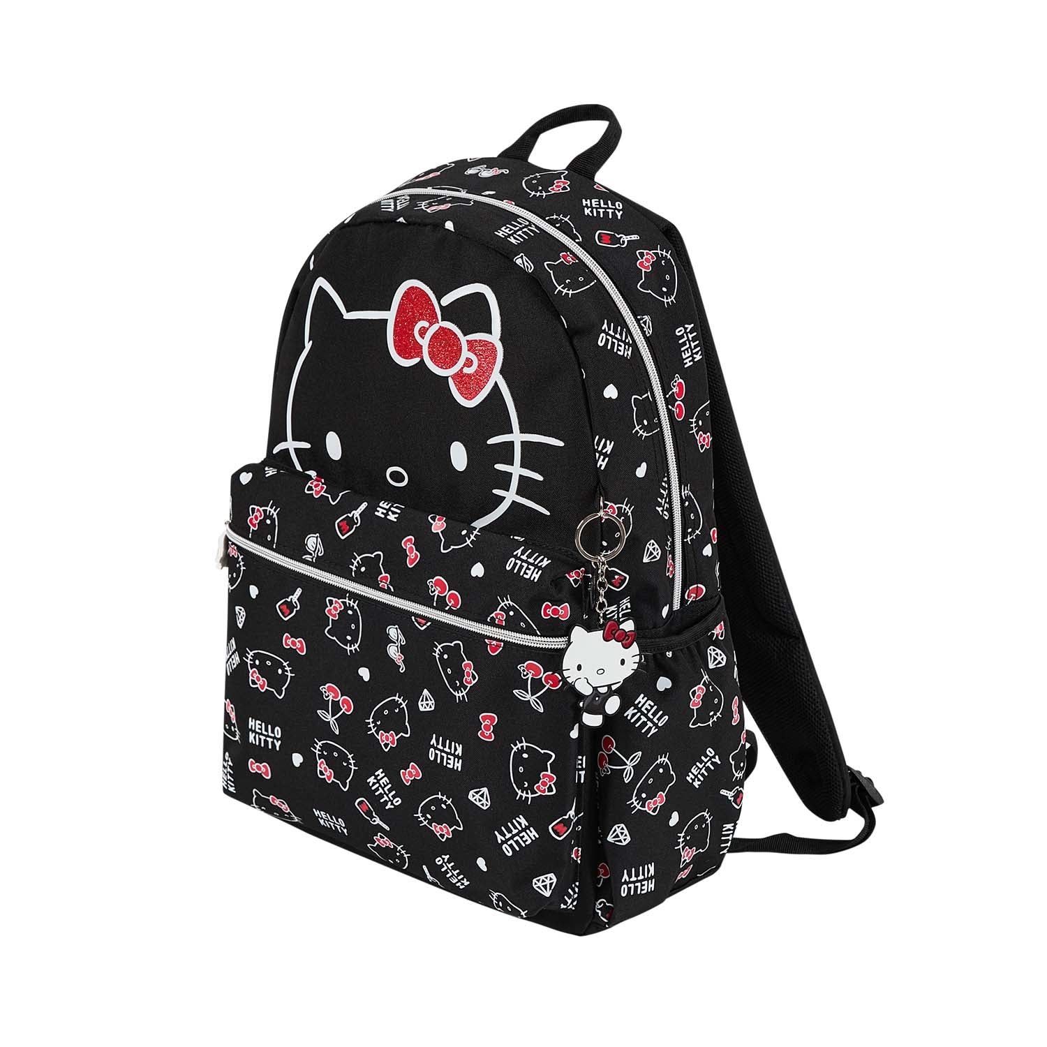 Mochila negra de Hello Kitty con estampado de la icónica gata y elementos como cerezas y diamantes, ideal para fanáticos del universo kawaii.