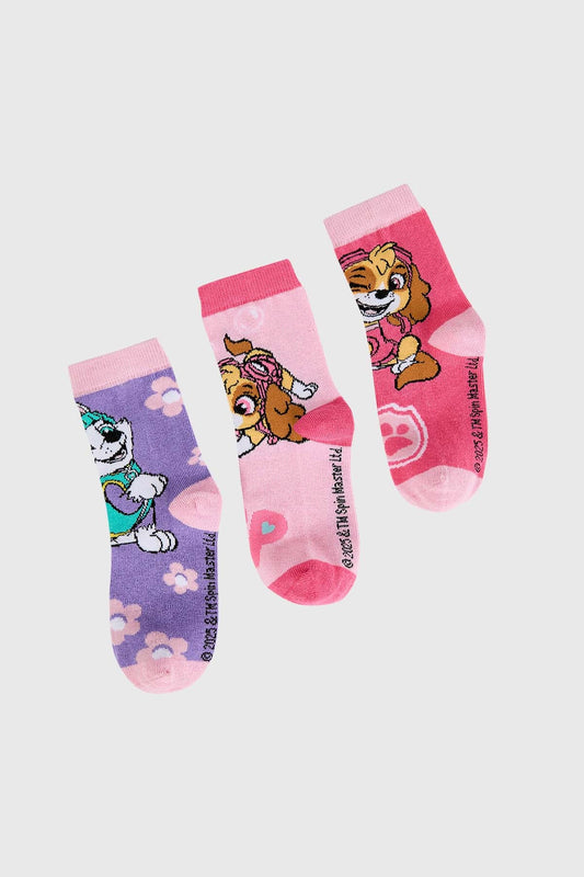 Tripack de calcetines en tonos rosa y morado con ilustraciones de los personajes Skye y Rubble de Paw Patrol, perfectos para los pequeños aventureros.