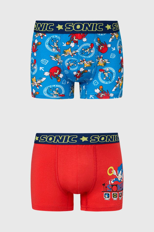 Bóxer tripack Sonic en azul y rojo con estampados vibrantes de Sonic y amigos, perfecto para fans del icónico videojuego.