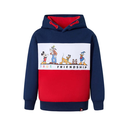 Polerón azul con capucha que presenta un estampado colorido de Mickey, Goofy, Pluto y Donald, destacando la frase 'TRUE FRIENDSHIP' en el centro.
