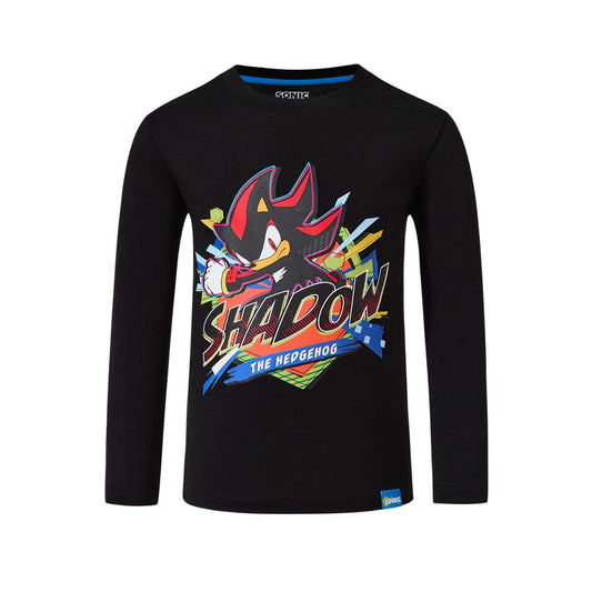 Polera negra de algodón con un vibrante estampado de Shadow the Hedgehog, mostrando su icónica pose dinámica y el logo en colores brillantes.