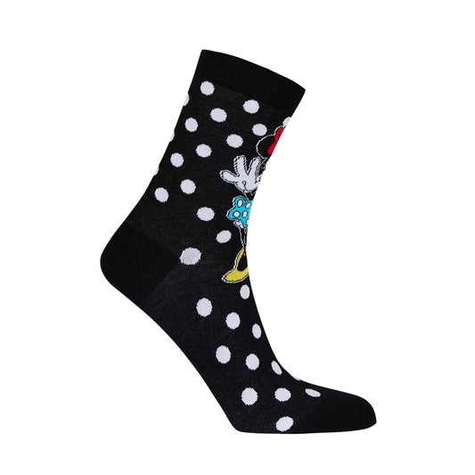 Calcetín de vestir negro con lunares blancos y diseño de Minnie Mouse en colores vibrantes, mostrando su icónico vestido azul y zapatos amarillos.