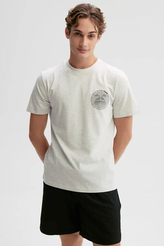 Polera gris de algodón con un diseño minimalista que presenta la icónica DeLorean de 'Volver al Futuro' y el texto 'Roads? Where we're going we don't need roads'.
